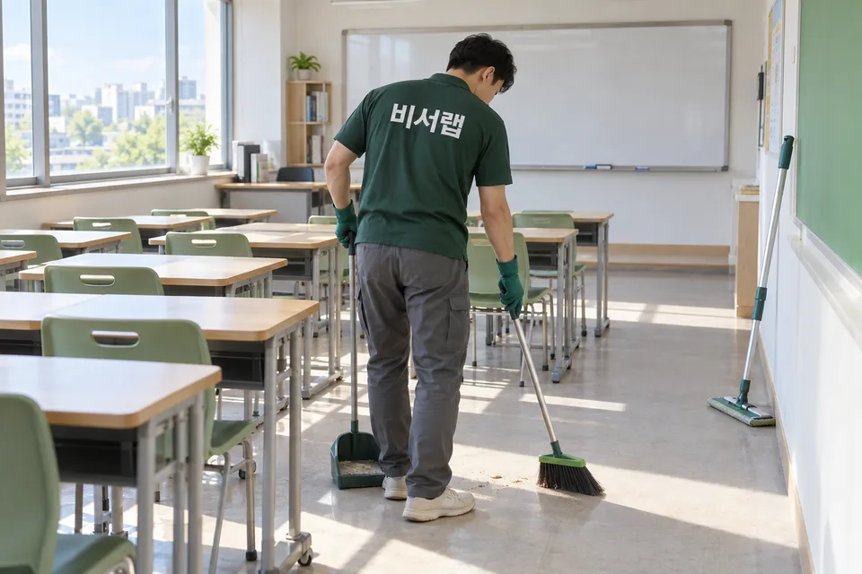 교실과 상담 공간의 교실 바닥·책상·의자·복도·상담 공간 관리 상황을 표현한 AI 이미지